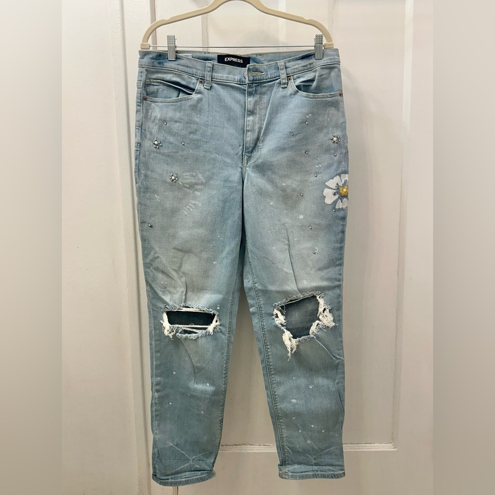 Distressed & Embellished Girlfriend High Rise Jeans - Picture 4 of 8